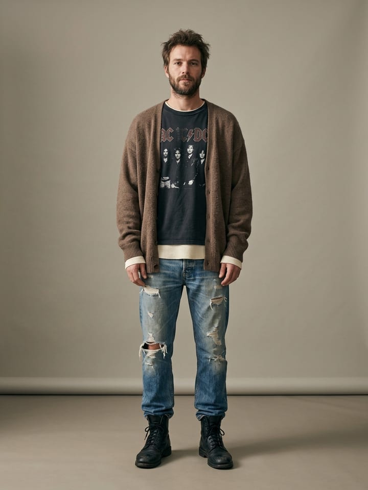 Man wearing a black band tee over a cream waffle thermal long-sleeve, with an oversized brown cardigan, ripped jeans and black boots.