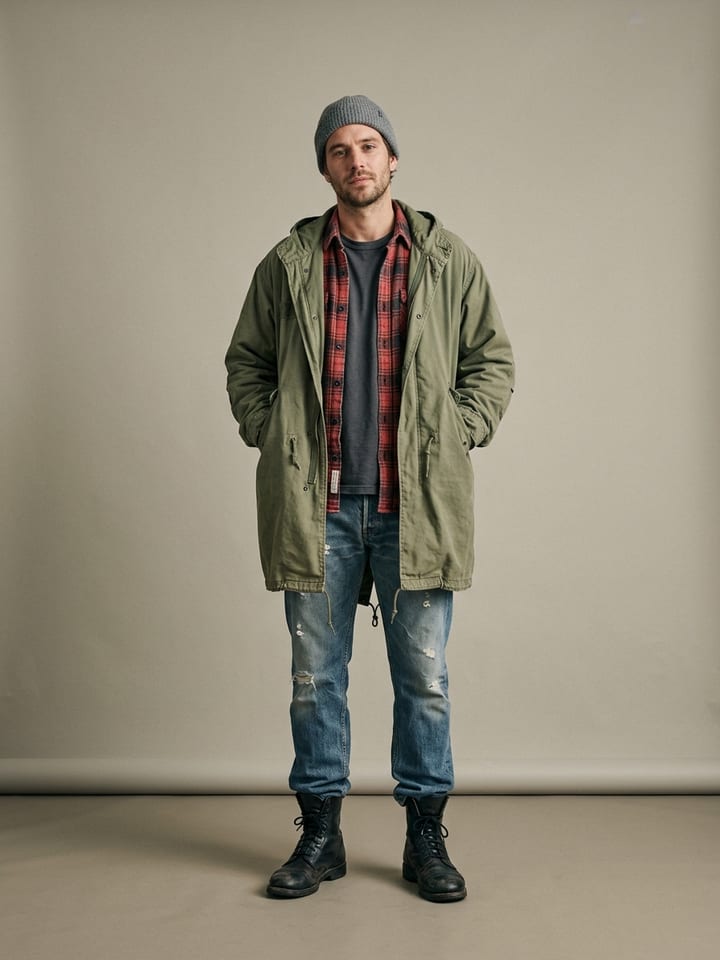 Man in an olive army-surplus parka worn over a red plaid flannel and tee, with ripped straight jeans, black lace-up boots and a grey beanie.