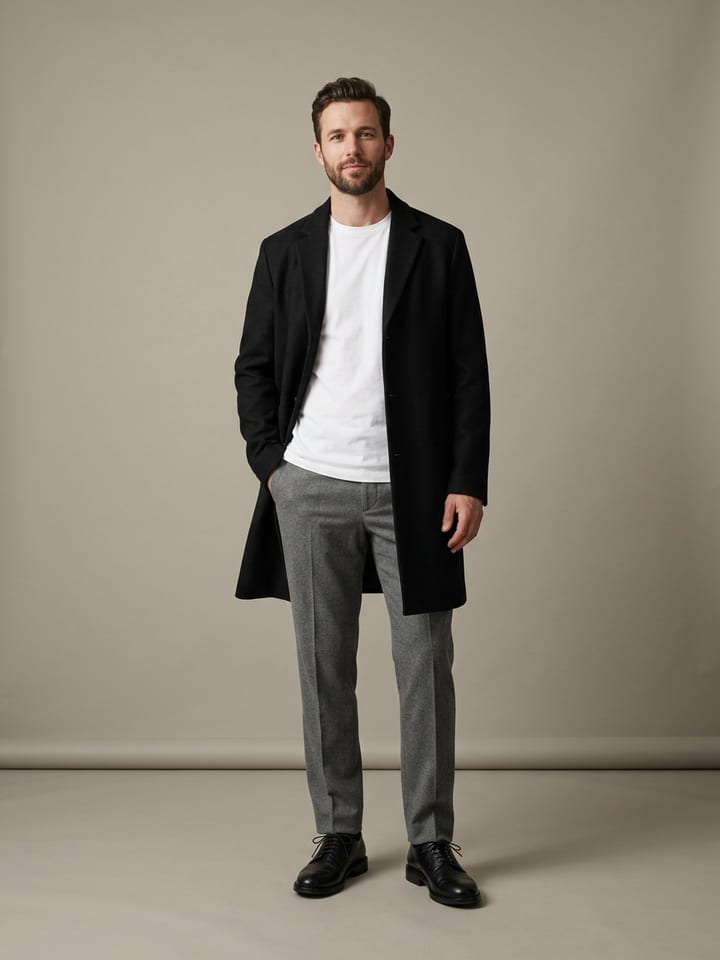 Man wearing an open black unstructured overcoat over a plain white tee and grey wool trousers, in black leather derby shoes.