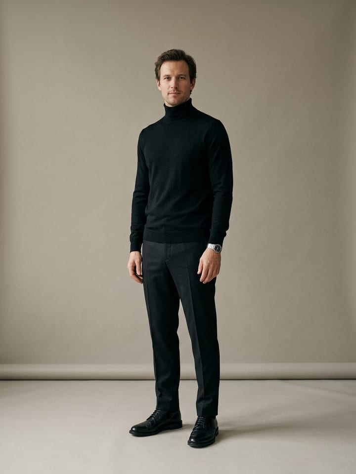 Man in a black fine-gauge rollneck and black tapered trousers with black leather derby shoes and a plain steel watch.