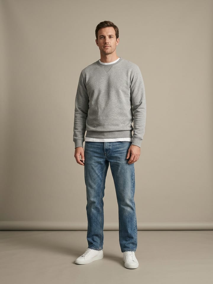 Man in stonewash straight jeans and a plain white tee under a grey crewneck sweatshirt, wearing plain white sneakers.
