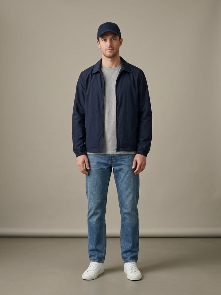 Man wearing a plain navy nylon windbreaker over a grey tee with stonewash straight jeans, white sneakers and a plain navy cap.