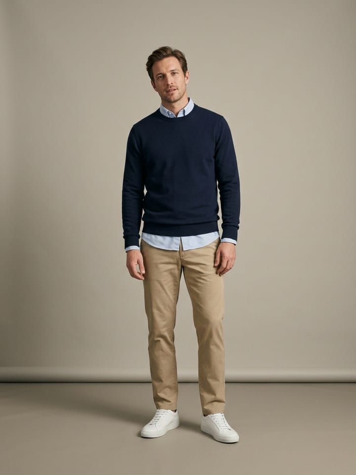Man in straight khaki chinos with an untucked pale blue oxford shirt under a navy crewneck sweater, wearing plain white leather sneakers.