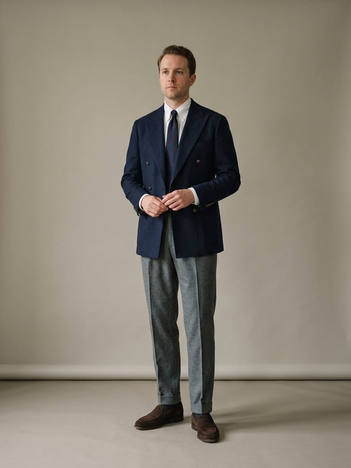 Man in a navy double-breasted blazer with a white oxford shirt, grey pleated trousers and brown suede loafers.