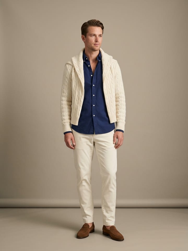 Man with a cream cable-knit sweater over his shoulders, an oxford shirt, cream chinos and suede loafers without socks.
