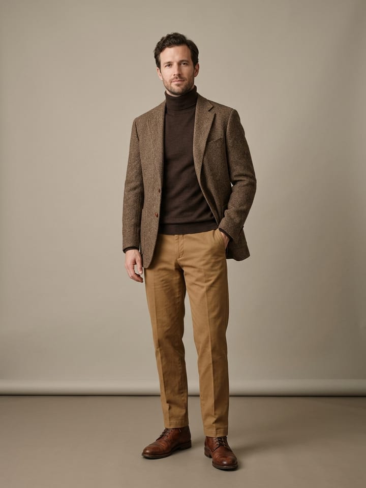 Man in a brown tweed jacket over a fine merino rollneck, with heavy cotton trousers and brown leather boots.