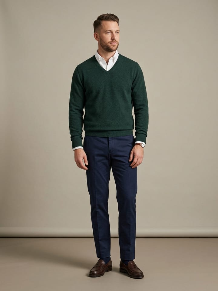 Uomo che indossa un maglione scollo a V in lana d'agnello verde cacciatore sopra una camicia Oxford bianca, con chinos blu navy e mocassini penny marroni.
