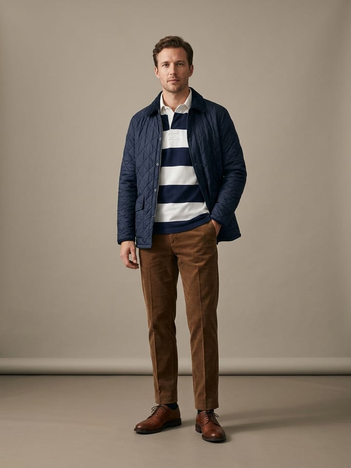 Man in a navy and white rugby shirt under an open quilted barn jacket, with brown corduroy trousers and leather bluchers.