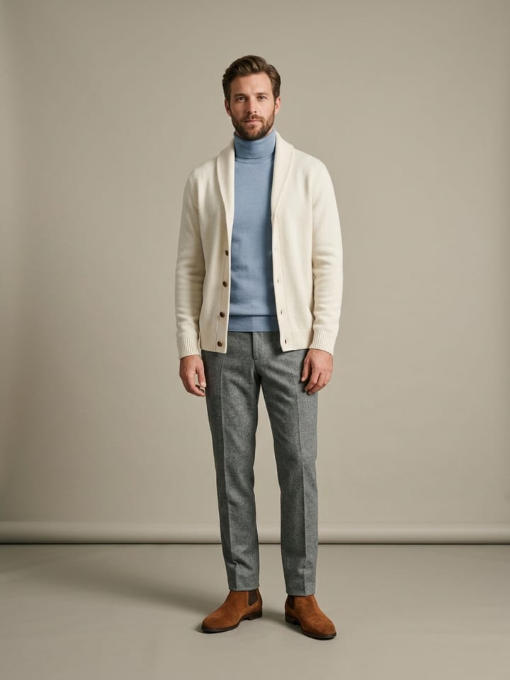 Homem com um cardigan de gola xaile creme sobre uma camisola de gola alta de merino azul-pó, com calças de flanela cinzentas e botas chelsea de camurça.