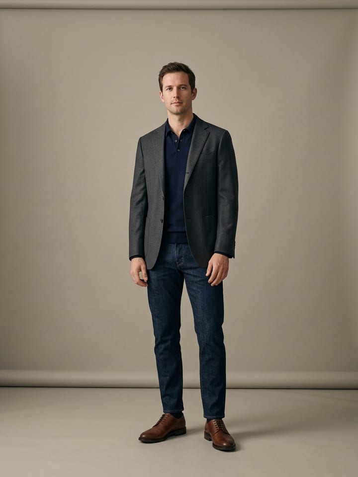 Uomo che indossa una polo in maglia merino blu navy e un blazer antracite con jeans indigo scuro e scarpe derby in pelle marrone.