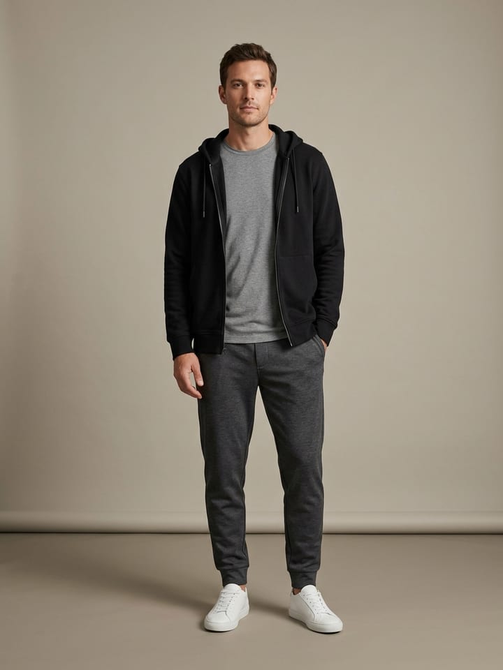 Man in charcoal tapered joggers and a plain grey performance tee under an open black zip hoodie, wearing clean white low-profile sneakers.