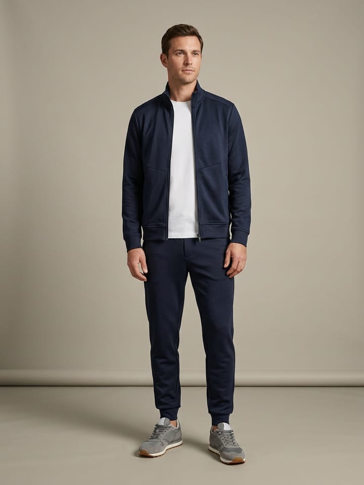 Man wearing a matching navy track jacket and tapered track pants over a plain white tee, with grey retro running sneakers.