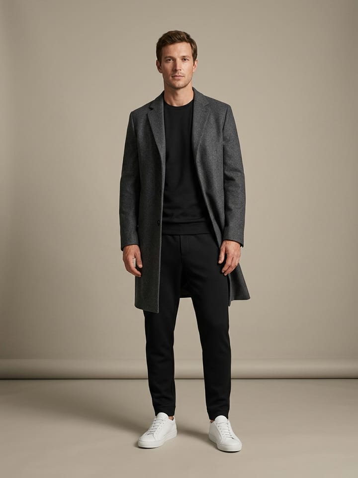 Man in sleek black track pants and a plain black performance crewneck under an open charcoal wool overcoat, wearing white leather sneakers.