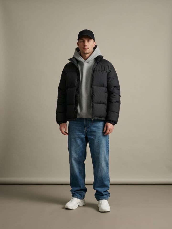 Hombre con una chaqueta plumífero negra sobre una sudadera con capucha gris oversize con la capucha por fuera, vaqueros anchos y zapatillas gruesas.