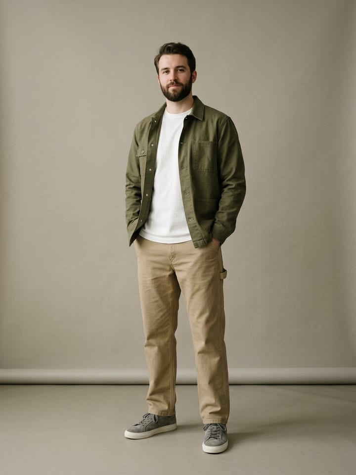 Hombre con pantalones de carpintero caqui y una camiseta blanca de algodón grueso bajo una chaqueta de trabajo verde oliva abierta, llevando zapatillas de ante.