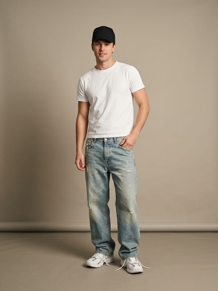 Man in baggy distressed light-wash jeans and a plain white tee, wearing chunky white sneakers and a black trucker cap.