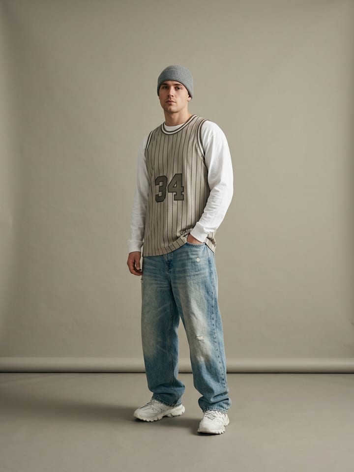 Man wearing a retro basketball jersey over a white long-sleeve tee, with baggy jeans, a grey beanie and chunky white sneakers.