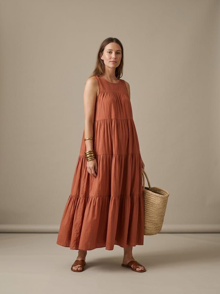 Woman in a terracotta tiered cotton maxi dress with flat brown leather sandals, carrying a woven straw tote and wearing stacked brass bangles.
