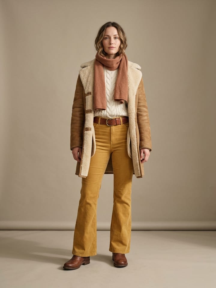 Woman wearing mustard corduroy flared trousers and a cream cable-knit sweater under an open shearling coat, with brown leather boots and a wool scarf.