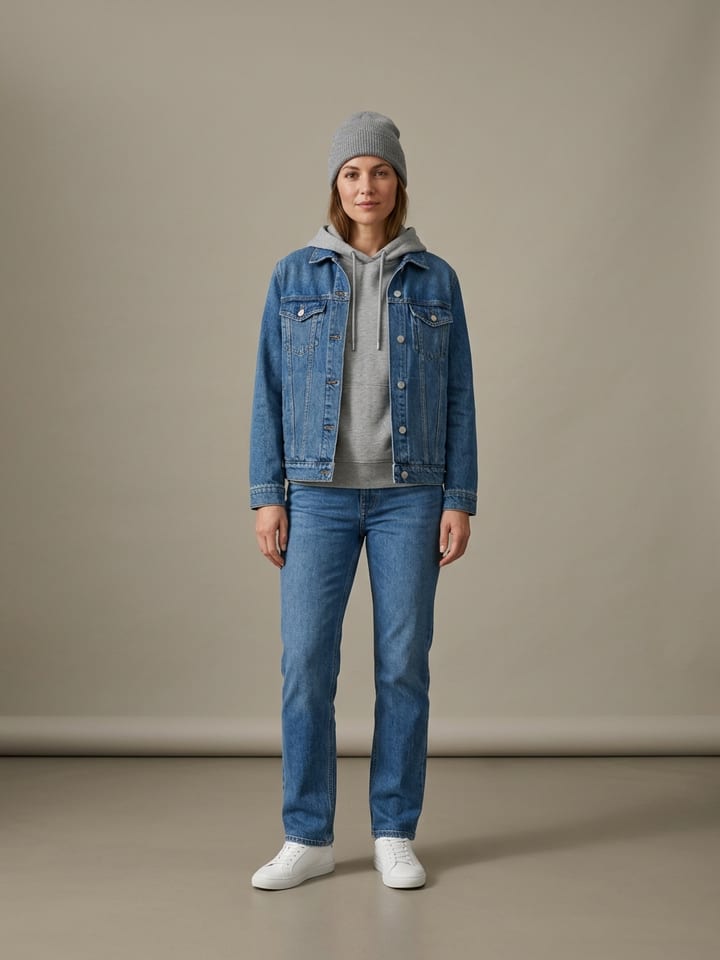 Woman wearing a grey hoodie under an open blue denim jacket with straight-leg jeans, a grey beanie and white leather sneakers.
