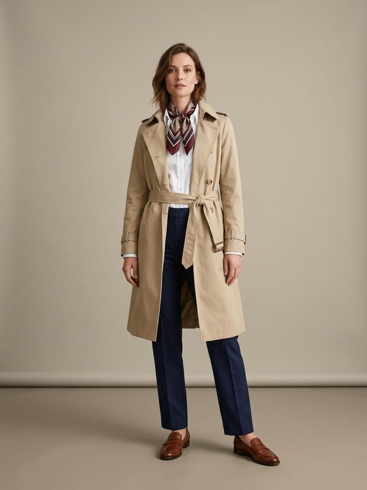 Woman wearing a belted beige trench coat over a white shirt and straight-leg navy trousers, with brown leather loafers and a silk scarf at the neck.