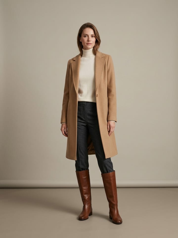 Woman in a camel wool coat over a cream cashmere turtleneck and straight wool trousers, wearing brown knee-high leather boots.