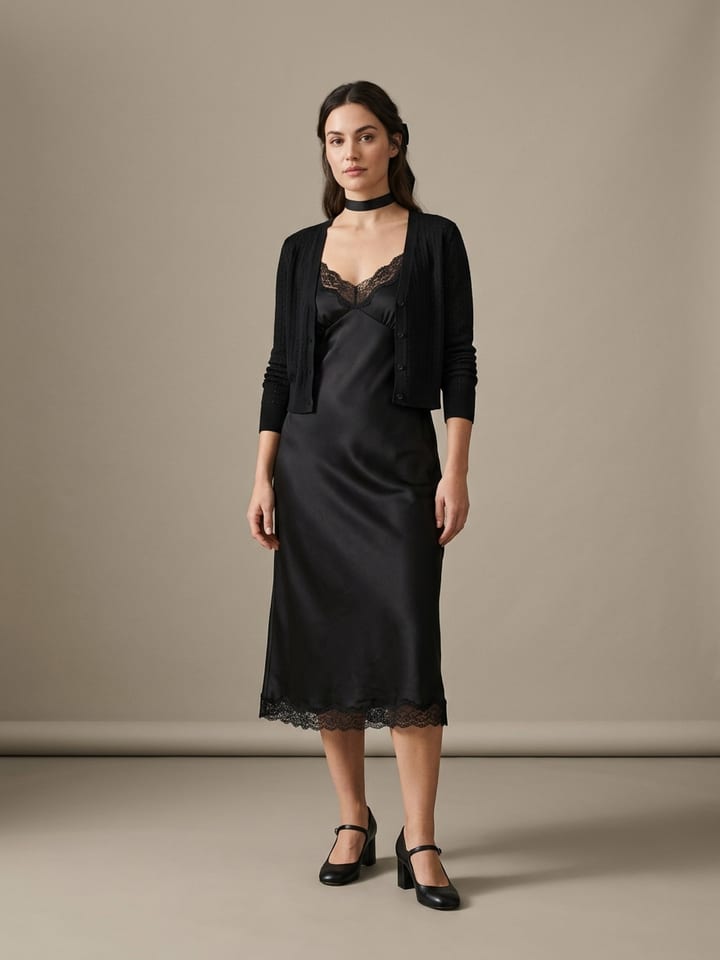 Woman wearing a black satin slip dress with lace trim under a cropped black cardigan, with a black ribbon choker and heeled black mary jane shoes.
