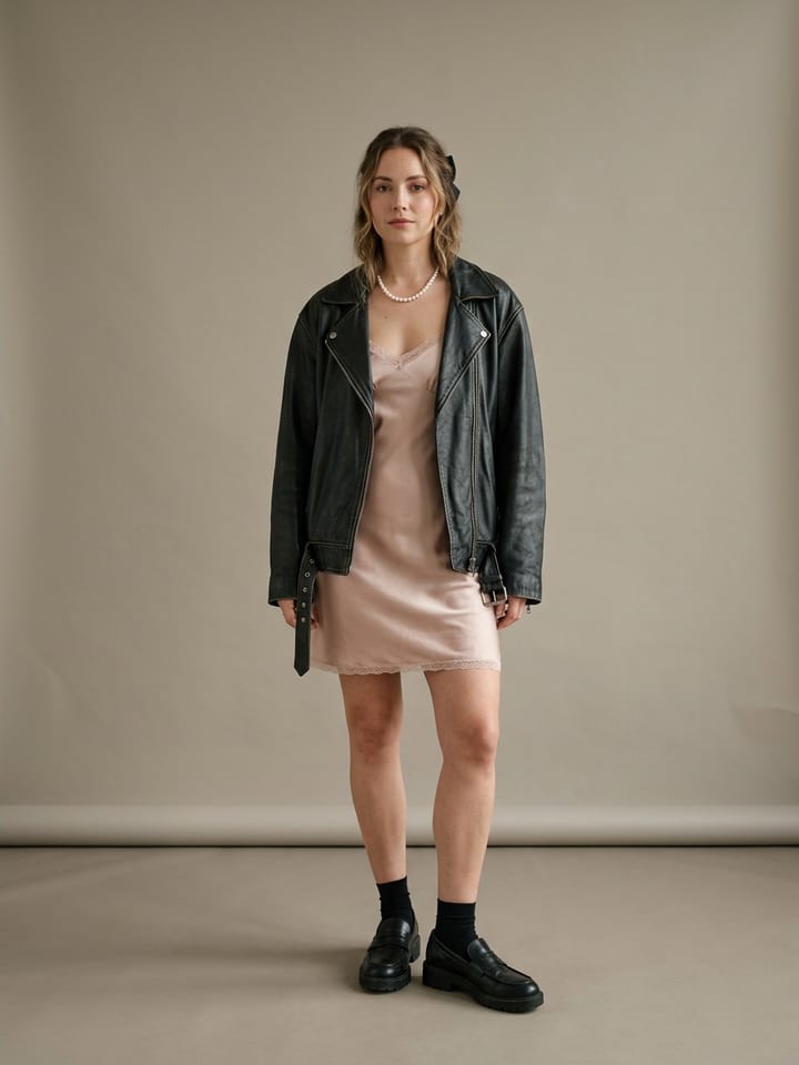 Woman in a blush satin slip dress under an oversized black leather jacket, wearing chunky black loafers and a pearl necklace.