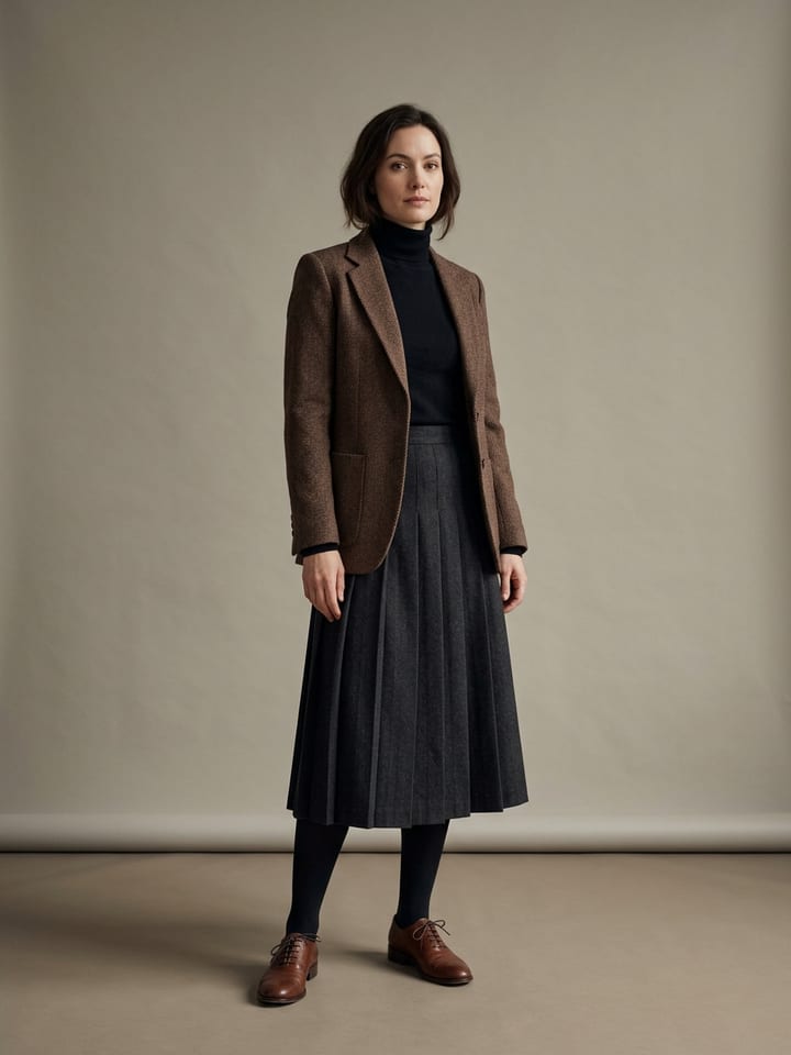 Frau in einem braunen Fischgrät-Tweed-Blazer über einem schwarzen Feinstrick-Rollkragenpullover, trägt einen anthrazitfarbenen plissierten Midi-Wollrock, blickdichte Strumpfhosen und braune Leder-Oxford-Schuhe.