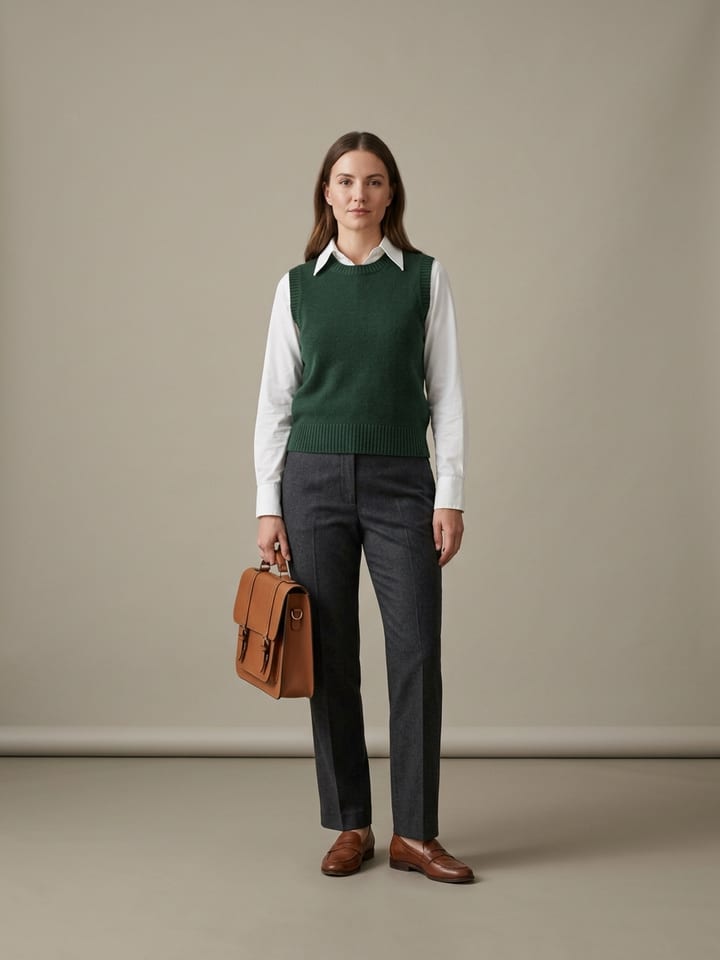 Frau trägt eine waldgrüne Strickweste über einem weißen Hemd mit Kragen, gerade geschnittene anthrazitfarbene Wollhose, braune Loafer und eine hellbraune Ledertasche.
