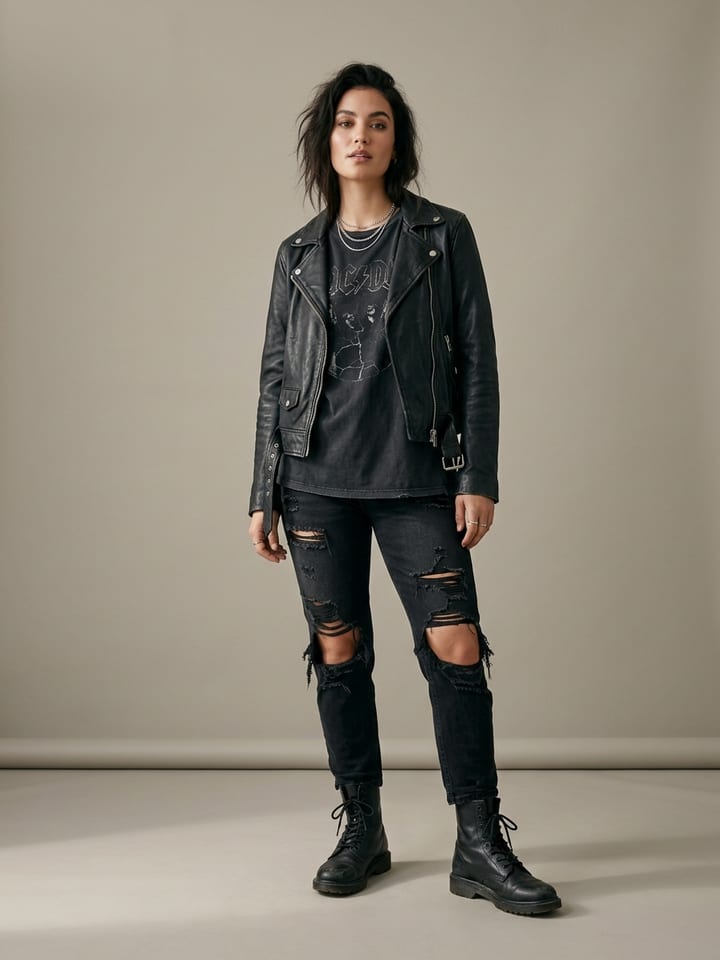 Mulher com jeans pretos rasgados e uma t-shirt de banda preta desbotada sob um blusão de cabedal de motociclista preto justo, a usar botas militares pretas de atacadores.