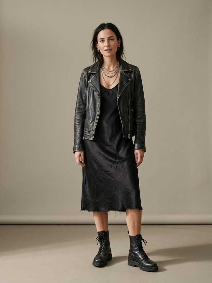 Mulher a usar um vestido slip de cetim preto sob um blusão de cabedal de motociclista preto aberto, com botas pretas robustas e correntes de prata em camadas.
