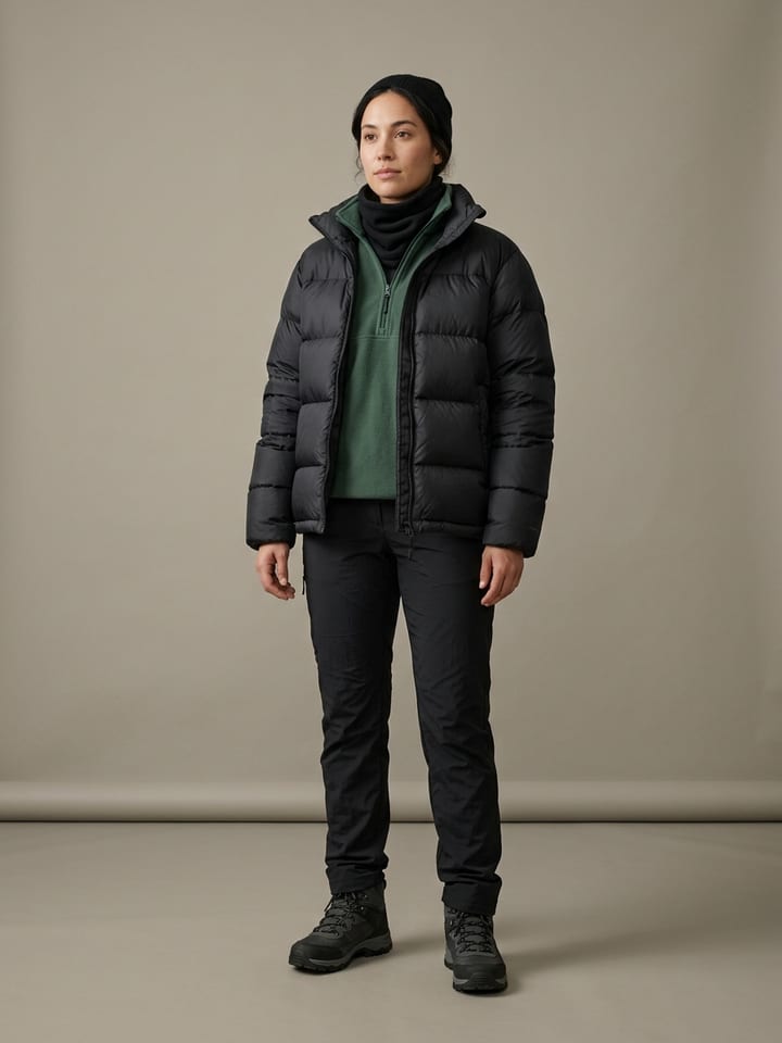 Woman wearing a black down puffer jacket over a forest green fleece quarter-zip, with black nylon pants, insulated boots and a neck gaiter.