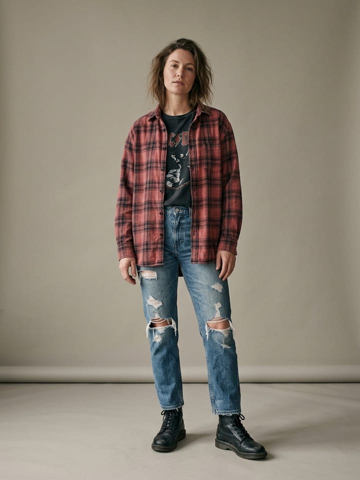 Woman in ripped mid-wash straight jeans and a faded black band tee, wearing an oversized red and black plaid flannel shirt open over the top with black lace-up combat boots.