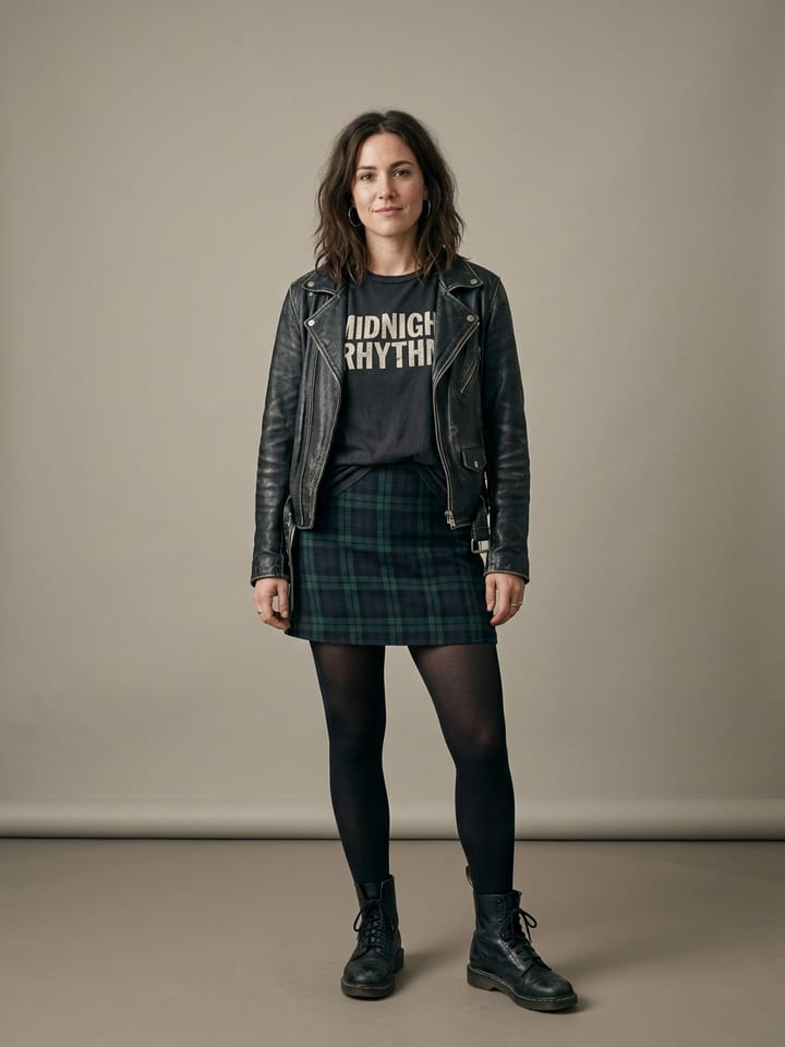 Woman in a faded band tee tucked into a dark plaid mini skirt, wearing a scuffed black leather moto jacket, opaque black tights and worn ankle boots.