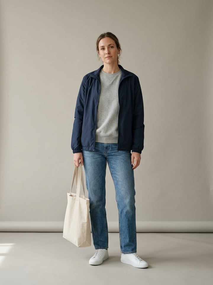 Woman wearing a plain navy nylon windbreaker over a grey sweatshirt with stonewash jeans, white sneakers and an unbranded canvas tote bag.