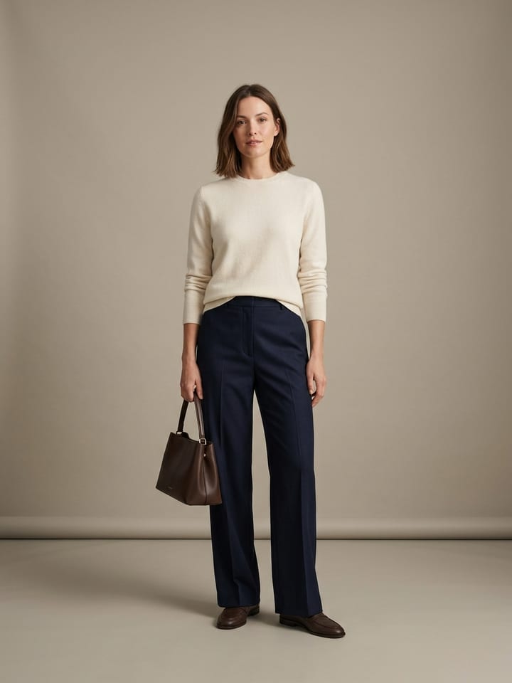 Vrouw in een crème kasjmier crewneck en marineblauwe getailleerde broek met wijde pijpen, met bruine leren loafers en een gestructureerde leren tas.