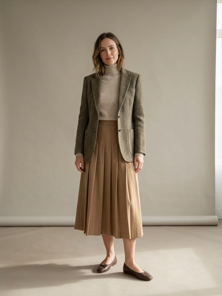 Vrouw draagt een camel geplooide midirok met een fijngebreide coltrui, een tweed blazer en ballerina's.