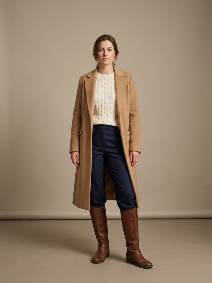 Vrouw in een crème kabelgebreide trui en rechte wollen broek onder een open camel overjas, met bruine rijlaarzen.