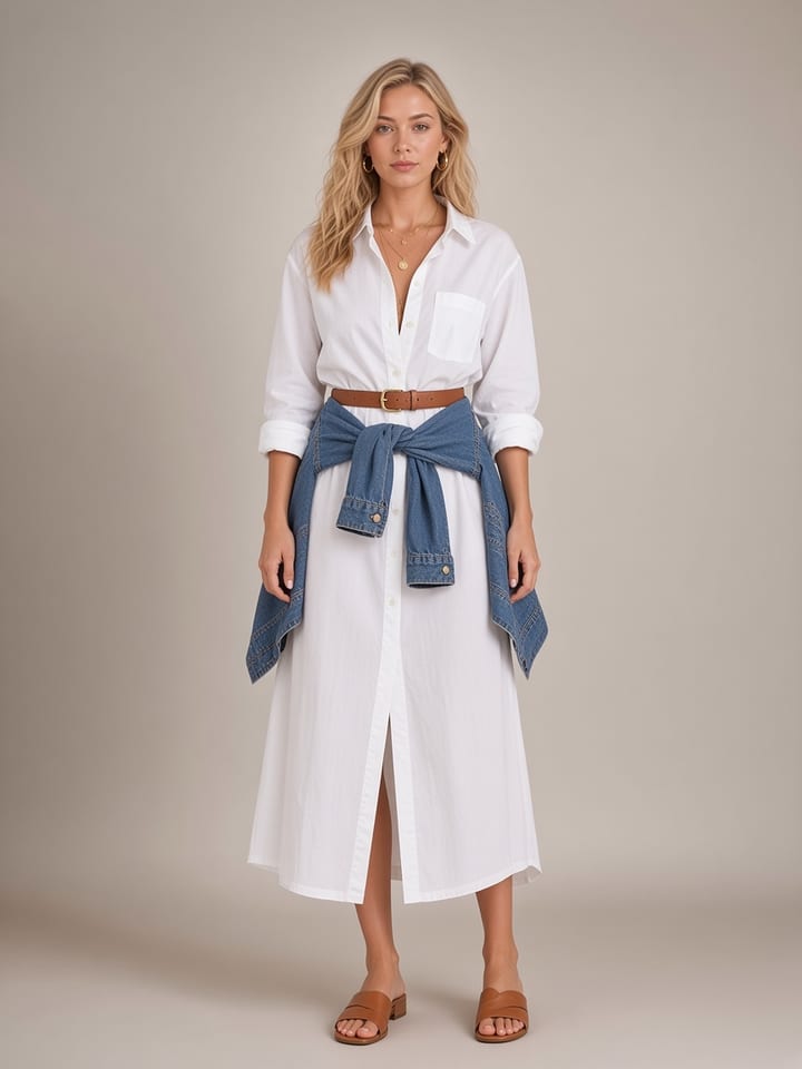 Taba deri kemerli beyaz pamuklu gömlek elbise ve konyak rengi slide sandaletler giymiş, beline denim ceket bağlamış bir kadın.