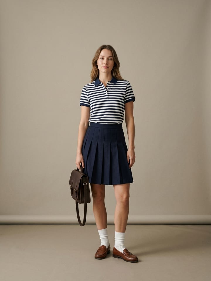 Mujer con un polo de rayas azul marino y blanco, una falda plisada azul marino, mocasines penny marrones y calcetines blancos de media caña, llevando un bolso bandolera de piel.