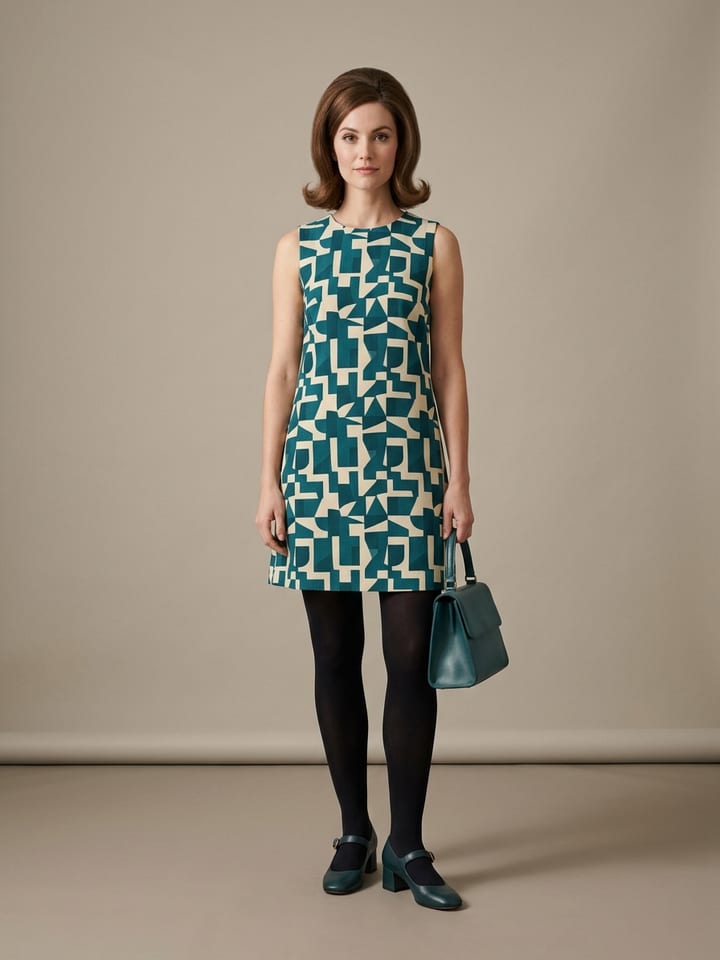 Woman in a teal and cream geometric-print A-line shift dress with opaque tights, low block-heeled Mary Janes and a structured top-handle bag.
