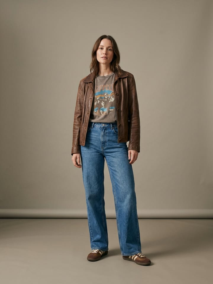 Woman wearing a faded band tee tucked into high-rise wide-leg jeans with an open vintage brown leather jacket and heritage sneakers.