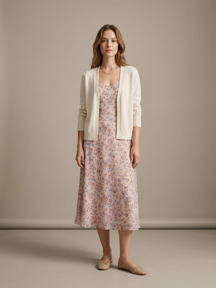 Mujer con un vestido midi floral color nude con un cárdigan de punto fino color crema, llevando manoletinas beige y un collar fino de oro.