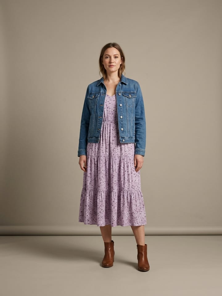 Mujer con un vestido floral de volantes estilo pradera color lavanda bajo una cazadora vaquera azul abierta, llevando botines de cuero marrones.