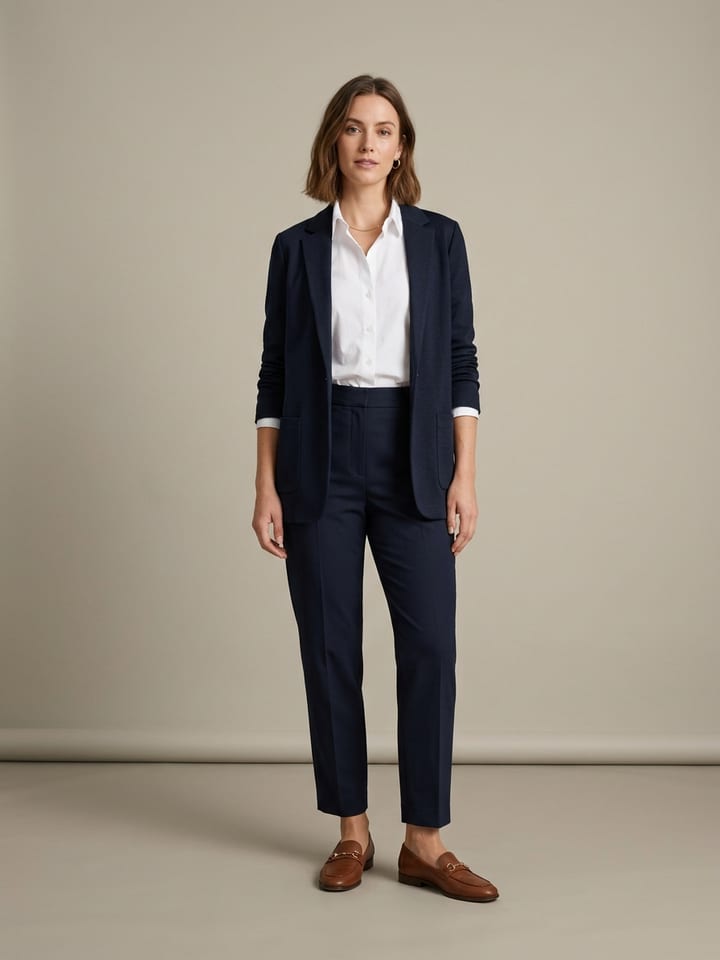 Mulher com calças de alfaiataria azul-marinho e uma blusa de algodão branca por baixo de um blazer azul-marinho desestruturado aberto, a usar mocassins de pele castanhos.