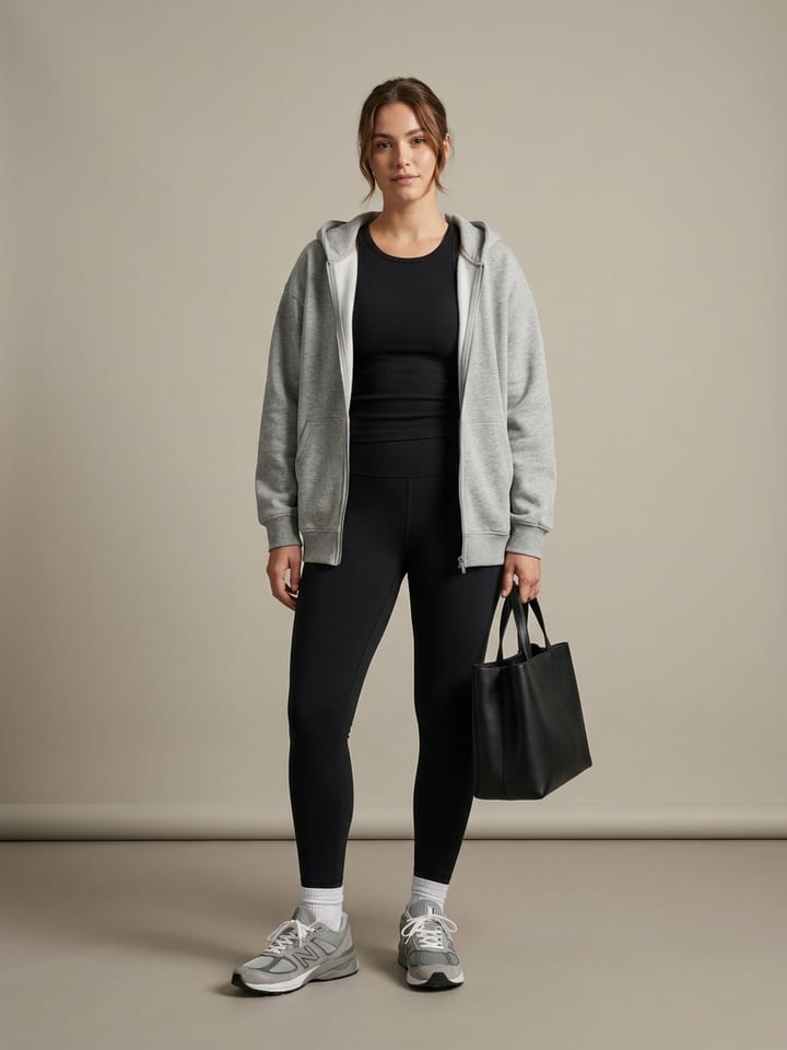 Woman in black leggings and a fitted white ribbed tank under an oversized grey zip hoodie, wearing grey retro sneakers and carrying a structured tote.