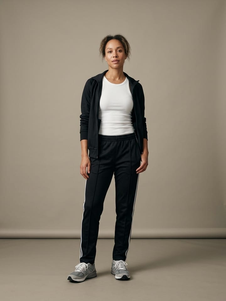 Mujer con pantalones de chándal negros con rayas laterales blancas y una camiseta de tirantes de canalé blanca ajustada, llevando una chaqueta de chándal abierta y zapatillas de running retro grises.